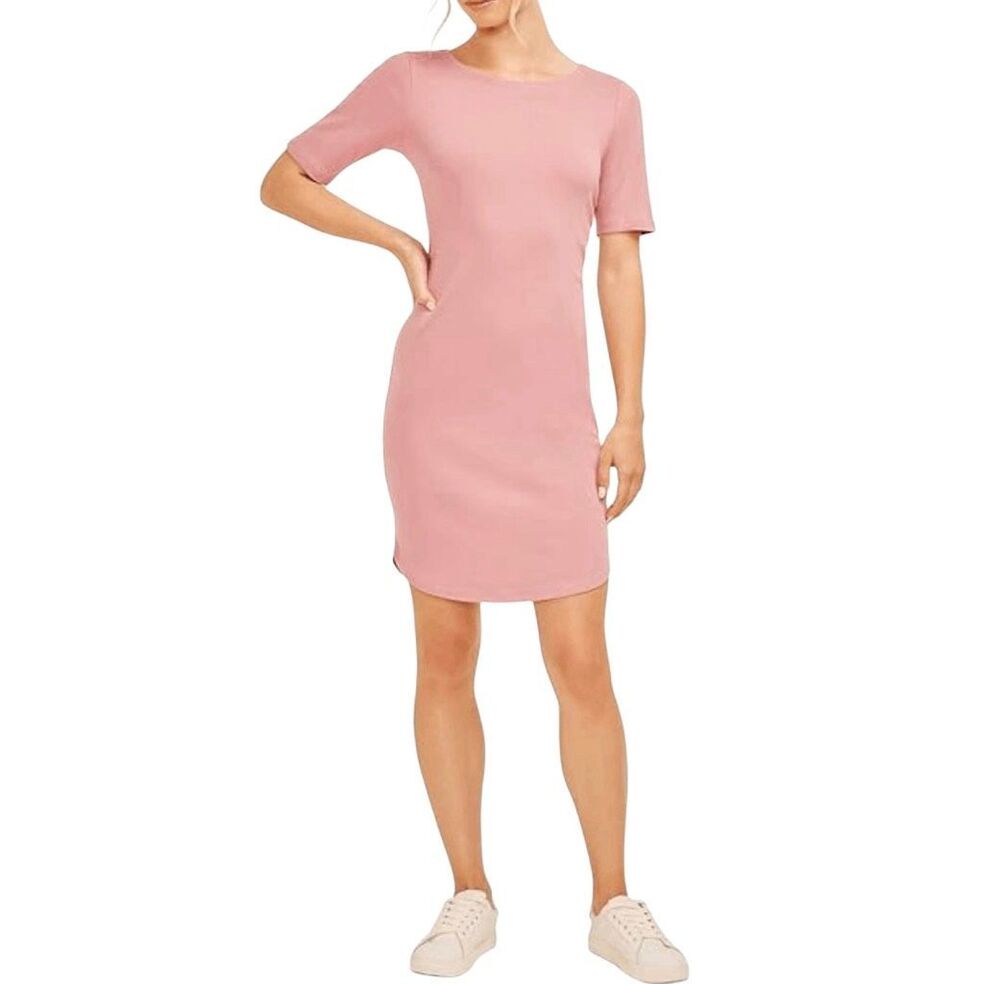 Three Dots Women's Boat Neck Curved Hem Cotton T-shirt Dress Foxglove M NEW